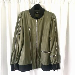 Iijin Multiple Zippers Olive Satin Bomber Jacket
